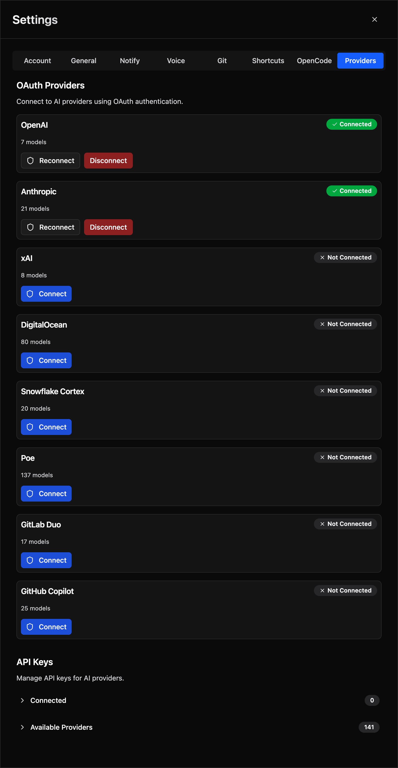 Providers Settings